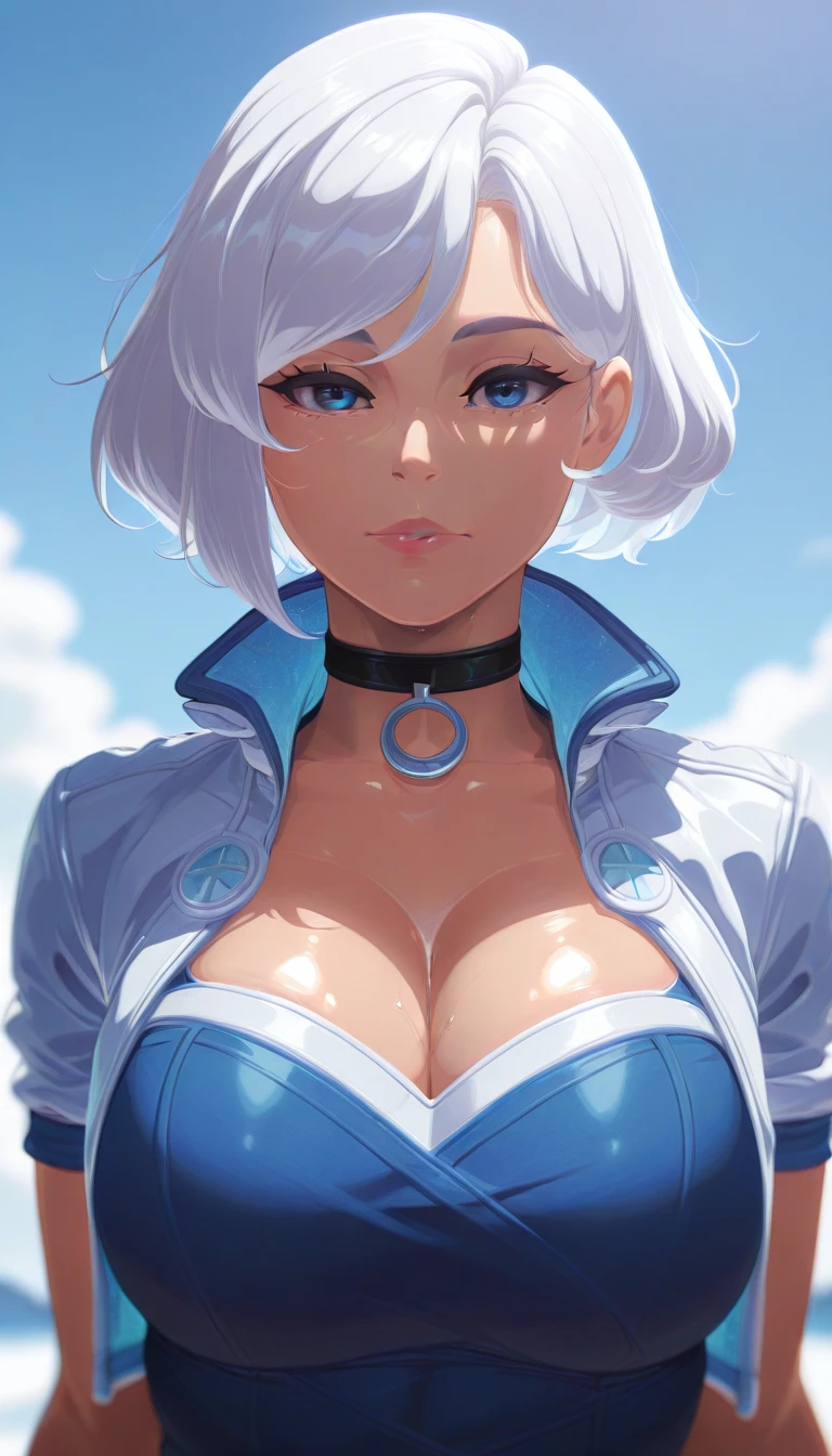 girl, big breasts, pleasurable expression, she enjoys, curly hair, short hair, white hair, blue eyes, tight onesie, futuristic onesie
