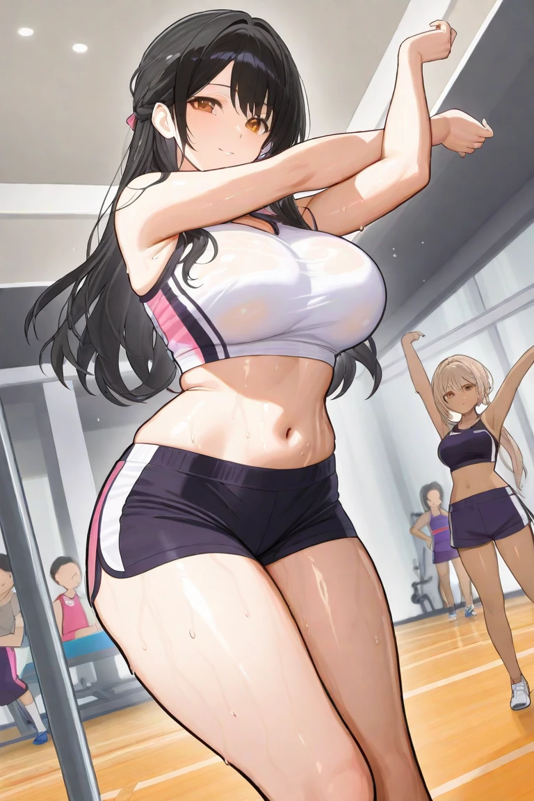 score_9, score_8_up, score_7_up, best quality, source_anime, clear face, 1girl, Nico Robin, black hair, long hair, blue eyes, large breasts, cleavage, sports bra, gray clothes, navel, arms behind head, squat, gym, voluptuous body, standing, training