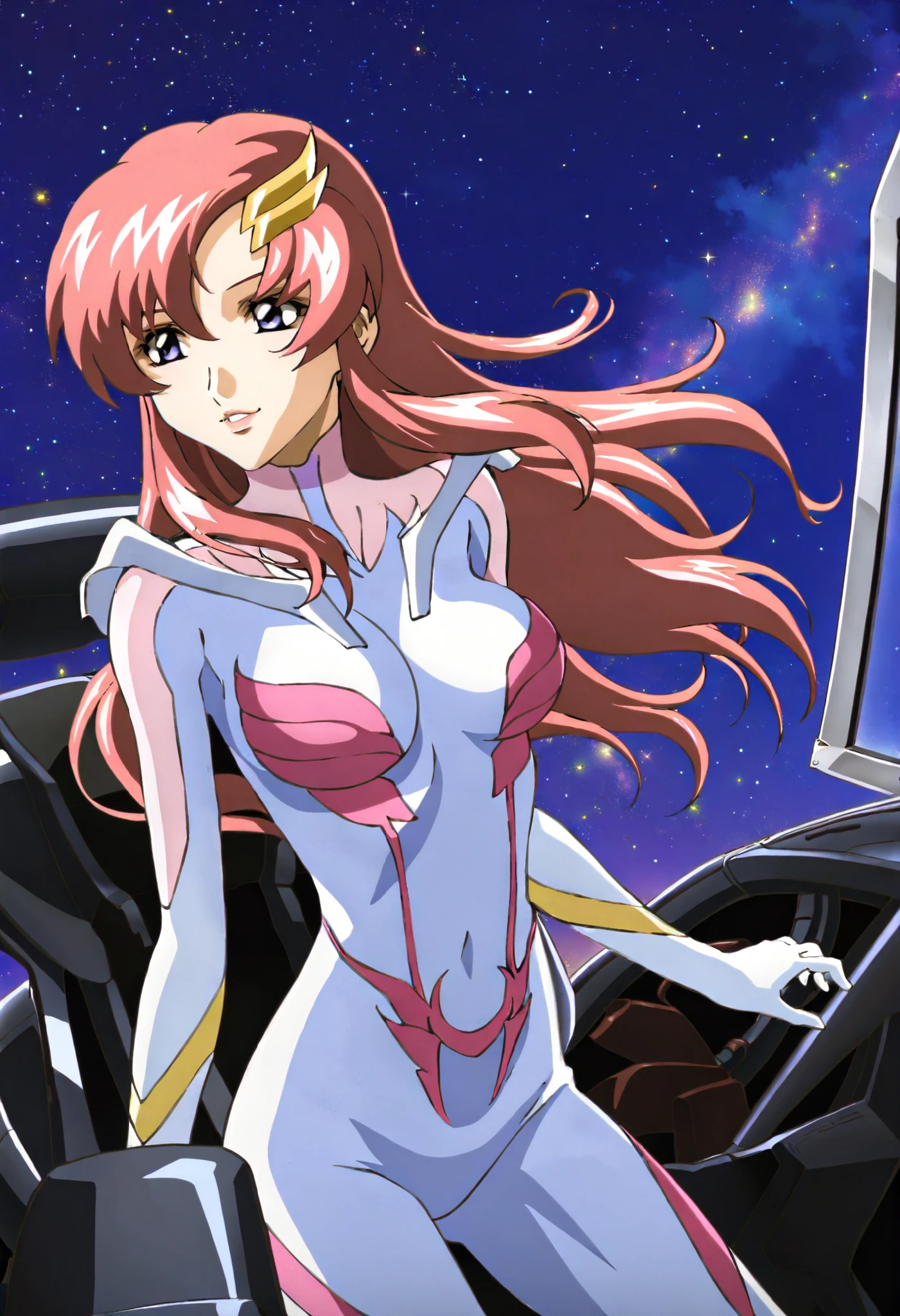 masterpiece,best quality,lacus_c, 1girl, anime coloring, solo, long hair, pink hair, hair ornament, purple eyes, lipstick, lacus pilot suit, pink, , light smile, parted lips ,cockpit, window, space, starry sky, standing