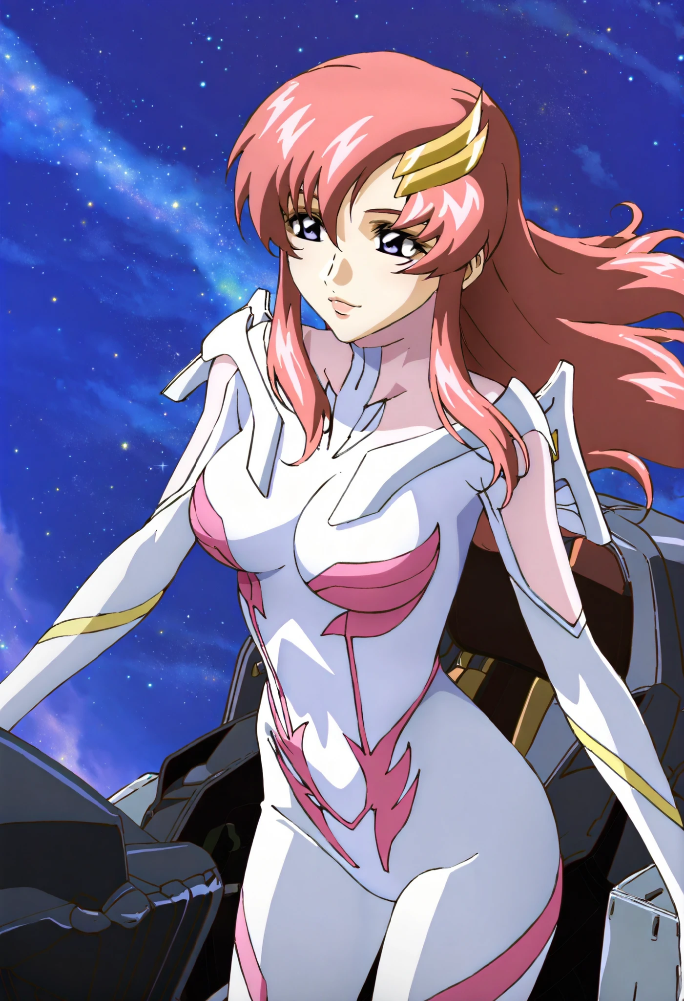 masterpiece,best quality,lacus_c, 1girl, anime coloring, solo, long hair, pink hair, hair ornament, purple eyes, lipstick, lacus pilot suit, pink, , light smile, parted lips ,cockpit, window, space, starry sky, standing