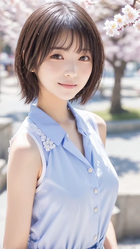 highest quality, figure, Super detailed, finely, High resolution, 8k wallpaper, 完璧なダイナミックな構figure, detailed and beautiful eyes,(whole body)、Japanese、Raw photo、25 years old、neat and cute face、neat and beautiful face、(knees、thighs)、 1 girl, (slender beautiful woman: 1.3),(japanese girl:1.5)、(long bob hair:1.3)、(black hair)、 Women's fashion,small breasts,natural color lip, bold sexy pose,smile,25 years oldの女の子、cute、sexy shot looking at camera、blue blouse、mini skirt、outdoor background