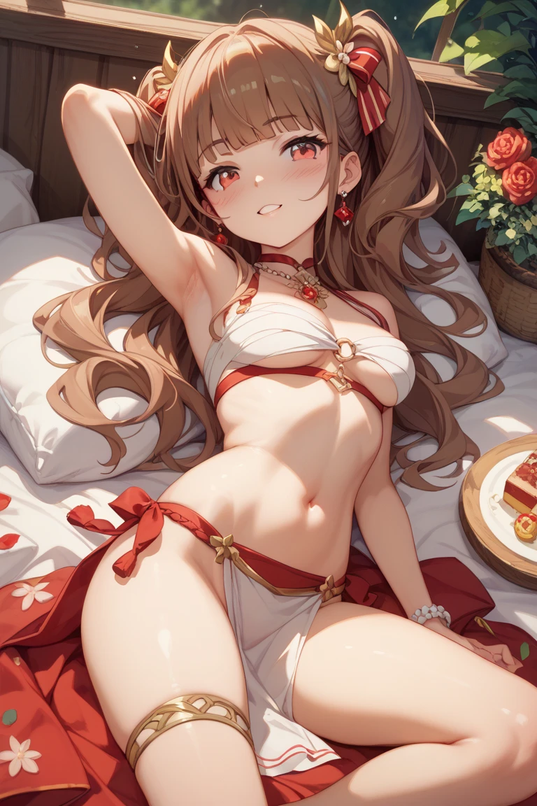 red bedroom, bed, brothel, red bikini, minimalistic underwear, blushing, happy, horny, red hair, long hair, gold jewelry, brown skin, red bedsheets, candles, cowgirl pose, inviting