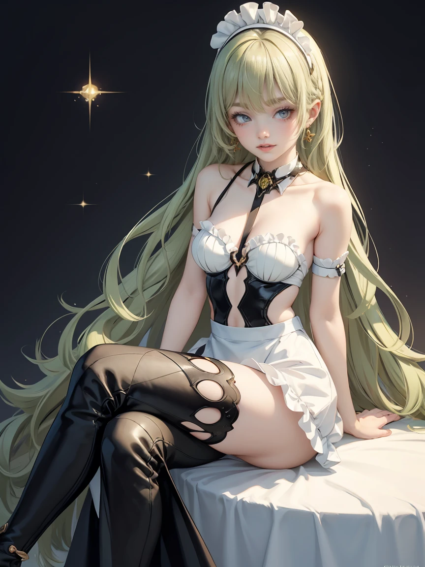 A girlis, lange blonde offene Haare, blonde Neko Katzenohren, light green light cat eyes, wears a black collar with a bell, wearing a white shirt with a deep neckline, einen schwarzen kurzen Rock, schwarze Strumpfhose, hohe rote High Heels, mit einem blonden Katzenschwanz, hight resolution, guckt nach vorne, steht aufrecht