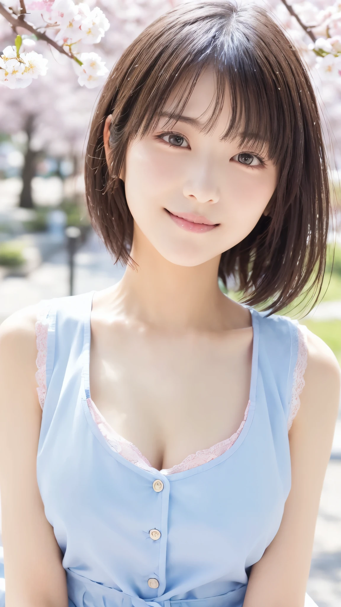 spring、springの空、緑豊かなspringの公園 、Beautiful Attention to Details、Big Breasts(Big Breasts 1:1.2)、服を着ても目立つBig Breasts、table top to pinch,Best Quality,非常にdetailsな,details,high resolution,In 8K,((photorealistic:1.4,RAW photo,超high resolution,best image quality:1.4))、 girl、high school student、18 years old、model figures around students、slender figure、、、bob hair、 Beautiful Eyes、Eye Makeup with Ingredients、 smiles、spring物の服、Admire cherry blossoms、Pearl pink shirt with lace embellishments on the chest、Wear a vest over a shirt、place々Faded blue damaged jeans、cherry blossoms in full bloom、Street lined with cherry trees、