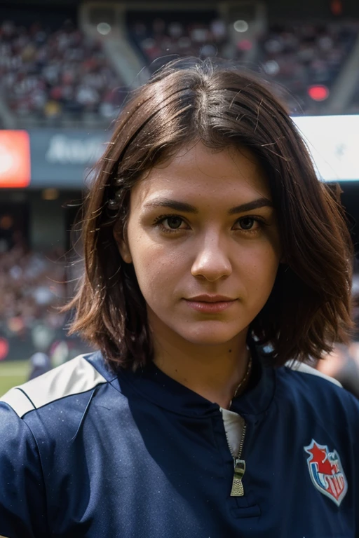 Lovely woman, sports journalist, facing the camera, straight look, edge of the fieldows