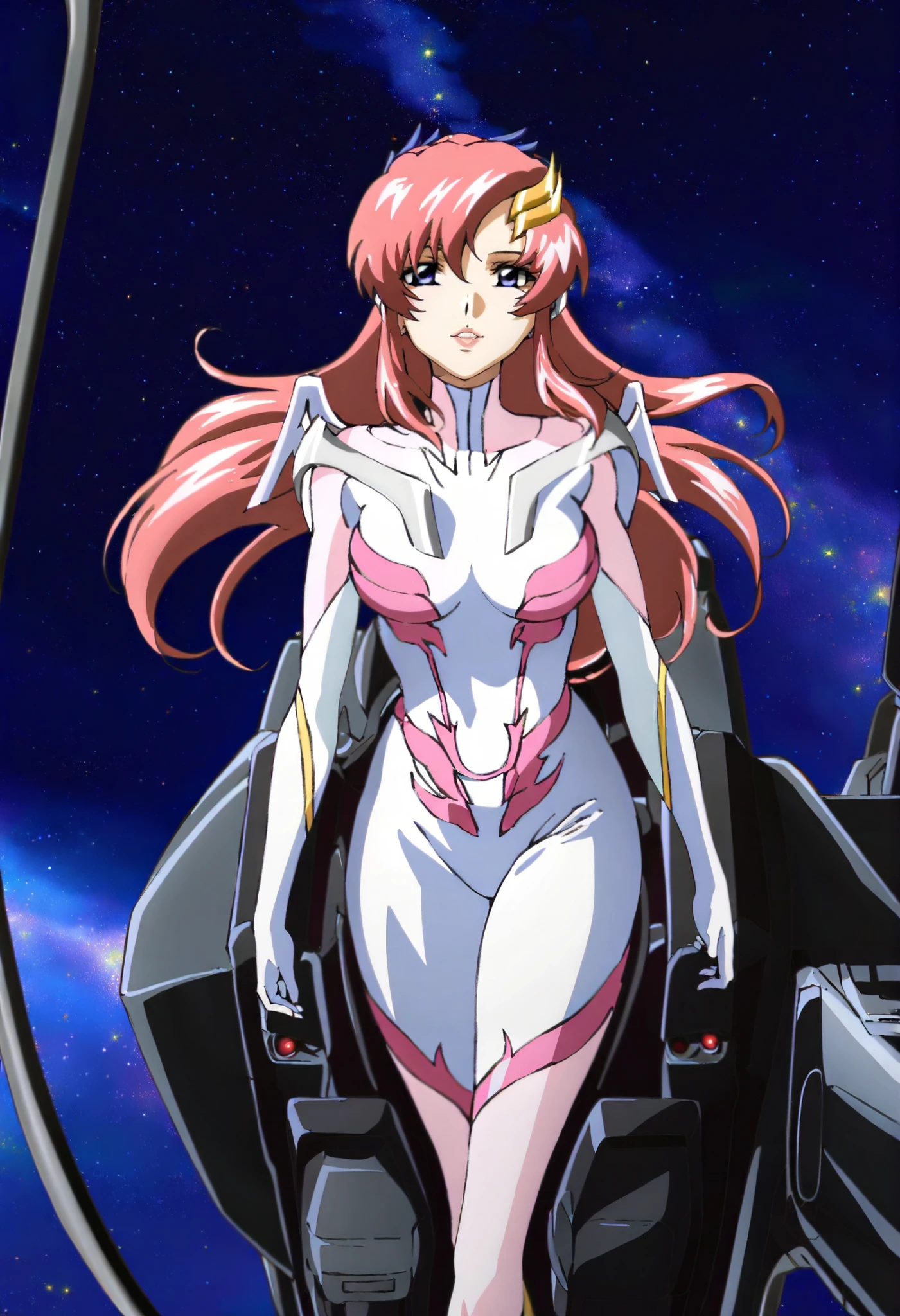 masterpiece,best quality,lacus_c, 1girl, anime coloring, solo, long hair, pink hair, hair ornament, purple eyes, lipstick, lacus pilot suit, pink, , light smile, parted lips ,cockpit, window, space, starry sky, standing, thick arms
