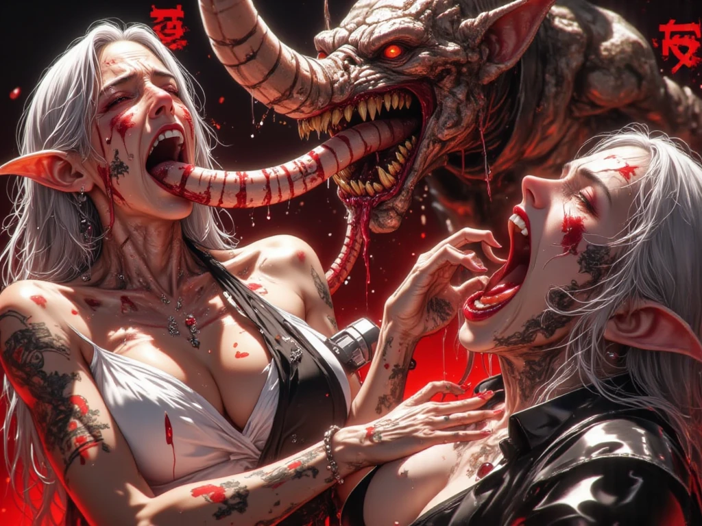(carnage:1.5),(black and white demoness:1.5),(beautiful female model:1.5), (demoness with Large horns:1.25),(1 super muscular succubus with flayed skin:1.5), (covered in thick white muscle suit:1.5), (exposed perfect anatomy:1.5), high detail, best quality, masterpiece, finely detail, realistic skin texture, 85 mm art lens, f 1.2, sharp focus, 8 k high definition, insanely detailed, intricate, glowing red eyes, dark hair, glowing white background, hair bun, beautiful female face, white skin