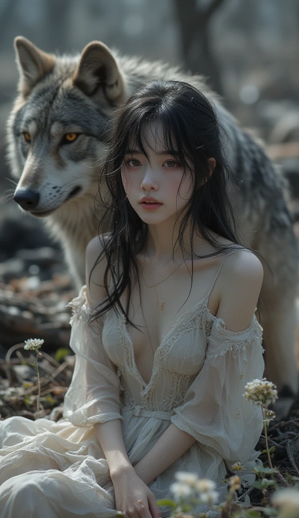 San(/Princess Mononoke)/,(ultra HD quality details), pale skin, brown hair, TOPLESS, facepaint, brown eyes, short hair, mask on head, SHE NUDED WITH shiny skin, eye contact, fur cape, crystal necklace, sleeveless_shirt, tilted angle, moody lighting, white wolf, hugging white wolf, dim lighting, medieval fantasy, perfect quality, high quality, photorealistic, sitting BREAK orange and blue hue, (abstract:0.2), expressiveH, SEXY POSE,
