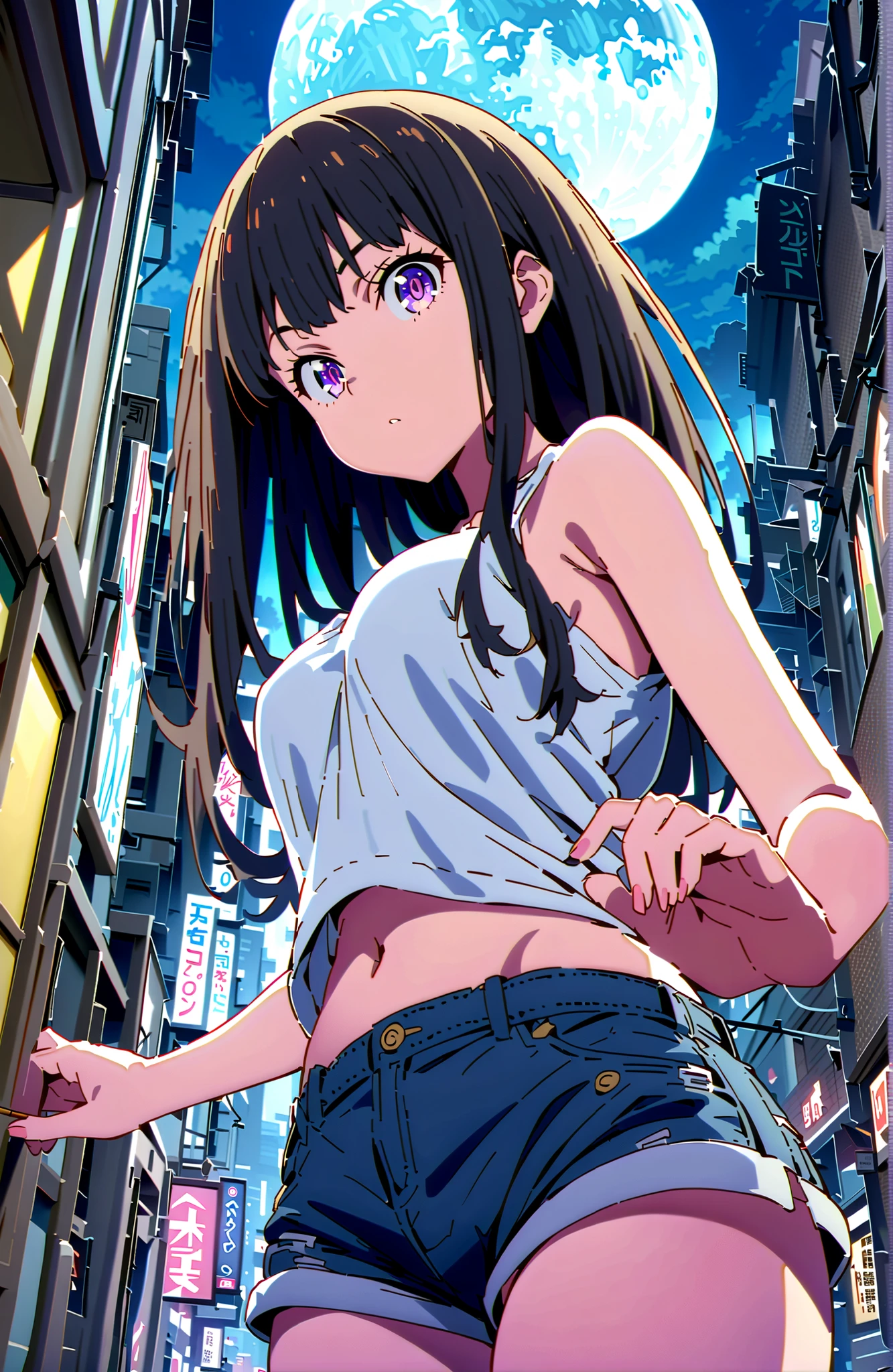 score_9, score_8_up, score_7_up, source_anime,Takiuchikami, check it out, solo,long hair, bungs, black hair with a young pattern, purple eyes,Medium breast,close your mouth,riders jacket jacket,tank top for feet,Underboob,belly button stick,denim micro shorts,Bare legs,boots,I have my hands in my jacket pockets,Nōn,night,moon,standing,angles from below,full bodyがillustrationsに入るように,break outdoors,City,
break looking at viewer,full body,
break (masterpiece:1.2), Best Quality, high resolution, Unity 8k 壁紙, (illustrations:0.8), (beautiful detailed eyes:1.6), very detailed face, so that it fits into the illustration, Extremely Detailed CG, (perfect hand, perfect anatomy),