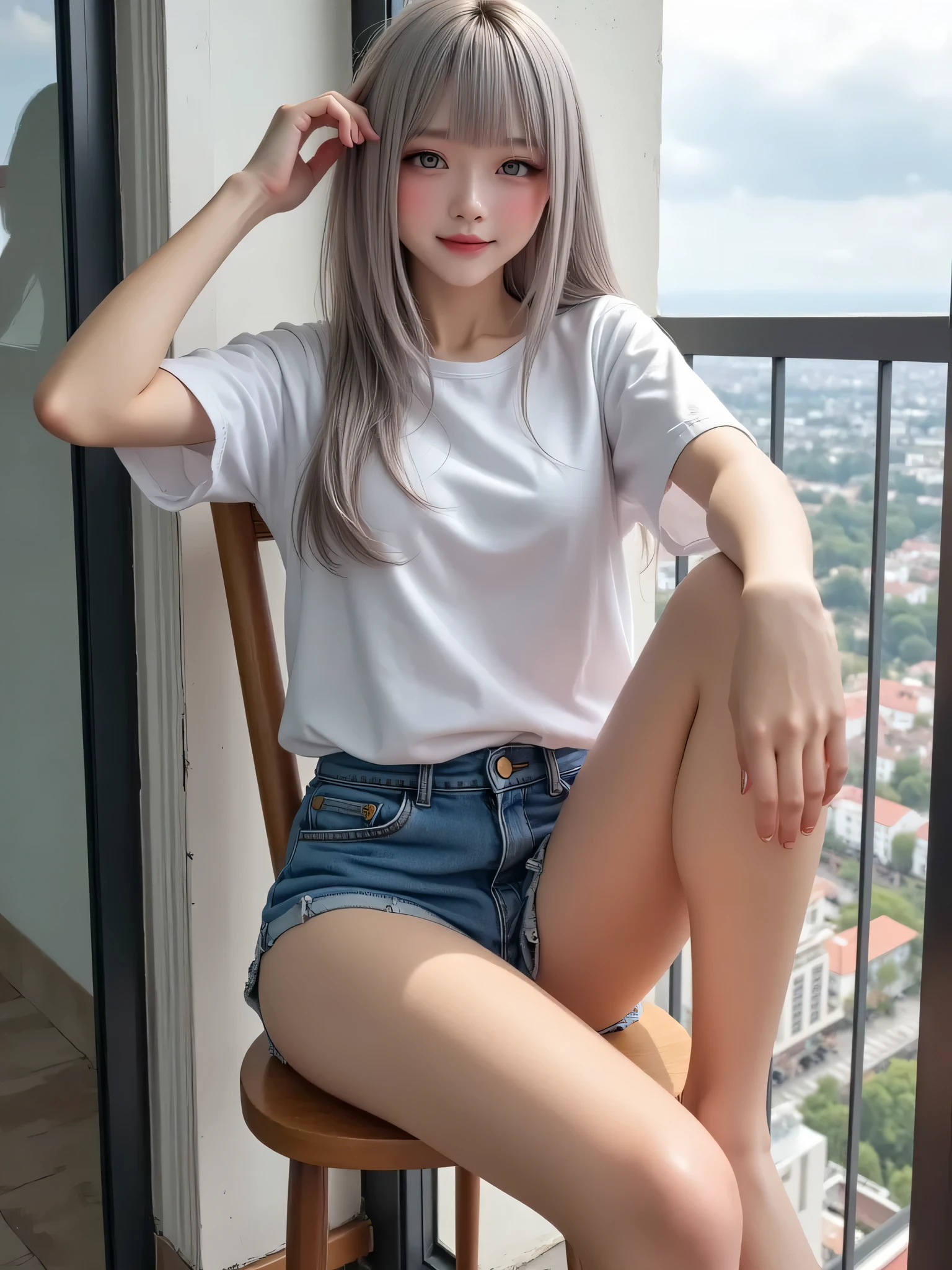(tmasterpiece:1.2, Best quality), (Real pictures, Complicated details), 1人の女性, Alone, sitting down, Show legs, Expose your feet, Expose the soles of your feet, Blue hair, light make-up, Natural fabrics, close-up face, Open your mouth and laugh happily, Barefoot, Feet in front of the camera, Blue hair,  eBlue eyes, 校服, whitet-shirt, White pleated skirt,  to the, Ripe body, mature face, Detailed faces, Correct foot anatomy, Foot anatomy, Sexy feet, Feet pointing to the audience, the feet, under a ray of sunshine, detailed feets, Correct foot anatomy, under a ray of sunshine, sitting down，Open your legs，Open your crotch，perspired，steamy