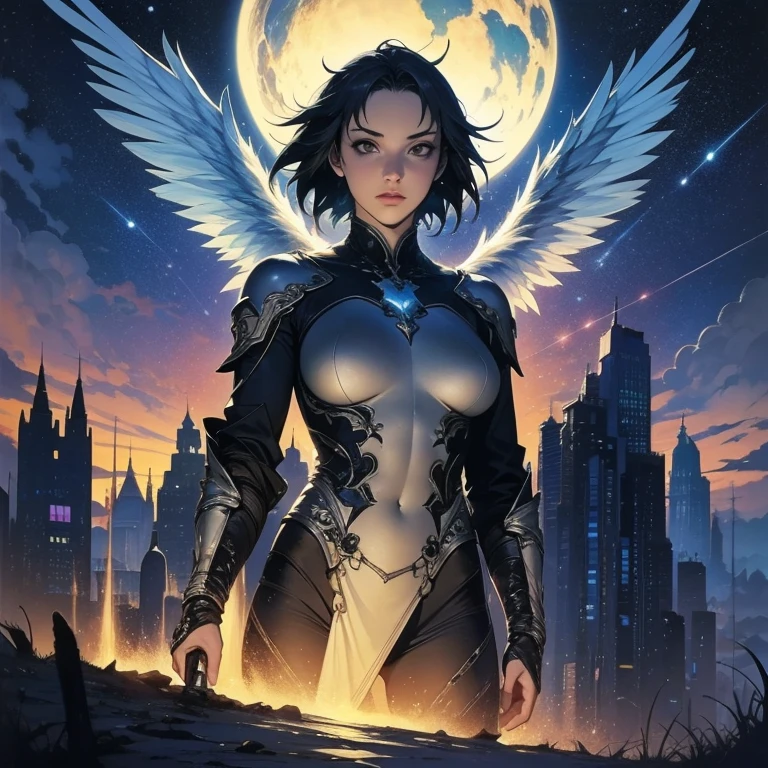 Angel Woman. Sexy Badass Witch. Brown Curly Hair. Angel Wings. Strong Woman. Beautiful Moon Background. Long Curly Hair. Green Eyes. Fire Power. Draconic Witch