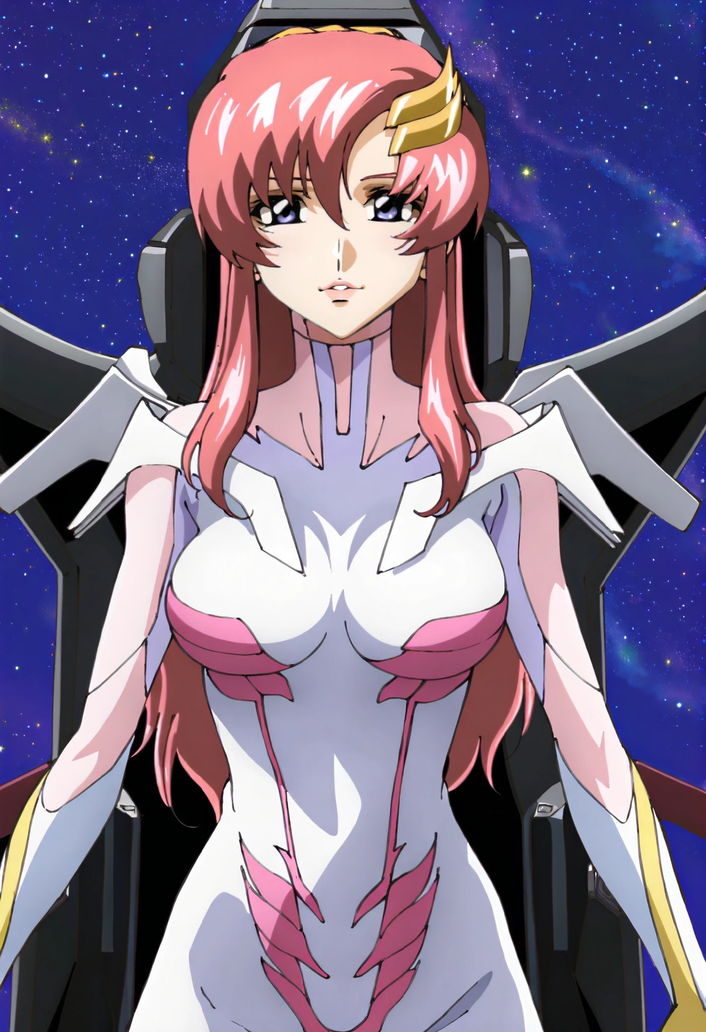 masterpiece,best quality,lacus_c, 1girl, anime coloring, solo, long hair, pink hair, hair ornament, purple eyes, lipstick, lacus pilot suit, pink, , light smile, parted lips ,cockpit, window, space, starry sky, standing, thick arms
