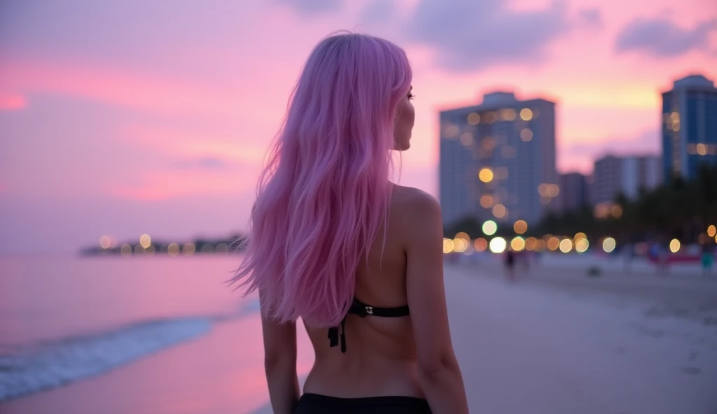 asian woman with long pink hair standing on the beach in a bikini, photo from behind, posing on a beach with the ocean, in the beach, picture from behind, gorgeous bikini model, looking from behind, view from behind, on a beach,her face cannot be seen, backview, pinkhead girl, beach, posing on the beach, sexy girl