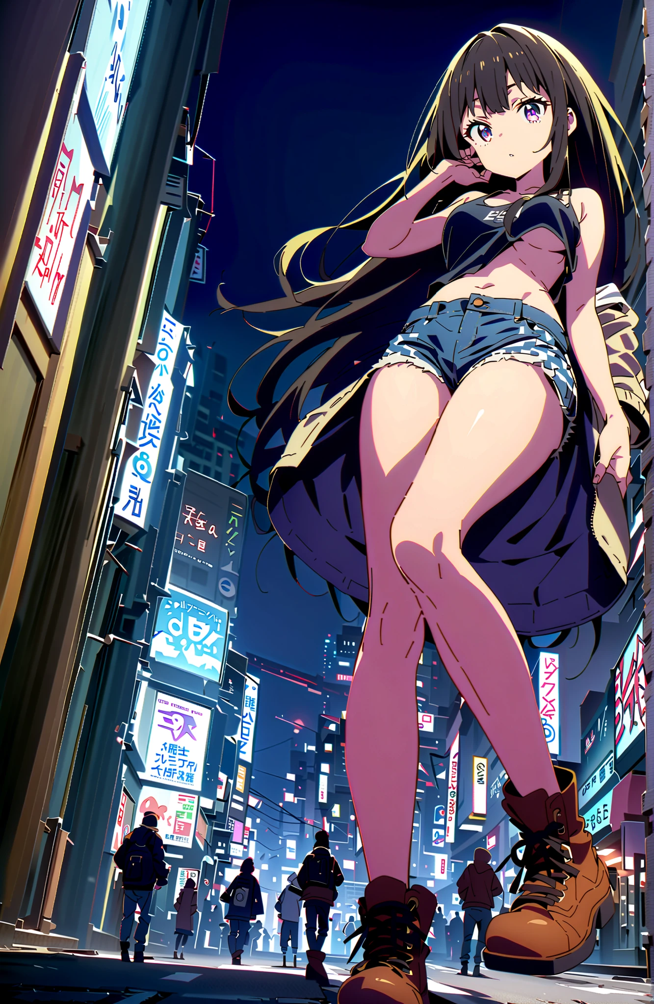 score_9, score_8_up, score_7_up, source_anime,Takiuchikami, check it out, solo,long hair, bungs, black hair with a young pattern, purple eyes,Medium breast,close your mouth,riders jacket jacket,tank top for feet,Underboob,belly button stick,denim micro shorts,Bare legs,boots,I have my hands in my jacket pockets,Nōn,night,standing,angles from below,full bodyがillustrationsに入るように,break outdoors,City,
break looking at viewer,full body,
break (masterpiece:1.2), Best Quality, high resolution, Unity 8k 壁紙, (illustrations:0.8), (beautiful detailed eyes:1.6), very detailed face, so that it fits into the illustration, Extremely Detailed CG, (perfect hand, perfect anatomy),