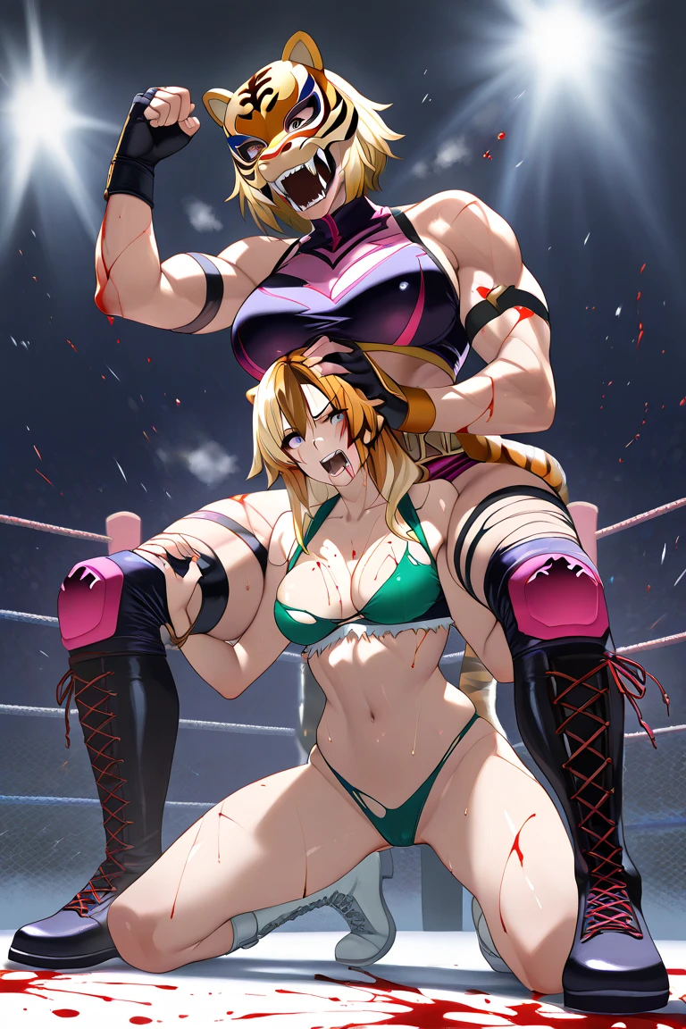 masterpiece, highest quality, (Highly detailed CG Unity 8k wallpaper), (highest quality), (Best illustrations), (Best Shadow), Confused, Realistic lighting, (abyss), Beautiful and delicate shine,victory,Random Pause,((Bare skin wet with sweat,Female professional wrestler)),Cute freckles on the cheeks,Mole under left eye,Hair wet with sweat,Luxuriously decorated wrestling costume,Costumes with flashy colors,pain,suffering,ring,Plump,Villain wrestler,Female wrestler with dyed hair,game,pain,anger,Holds down the waist of a blonde female wrestler from behind,