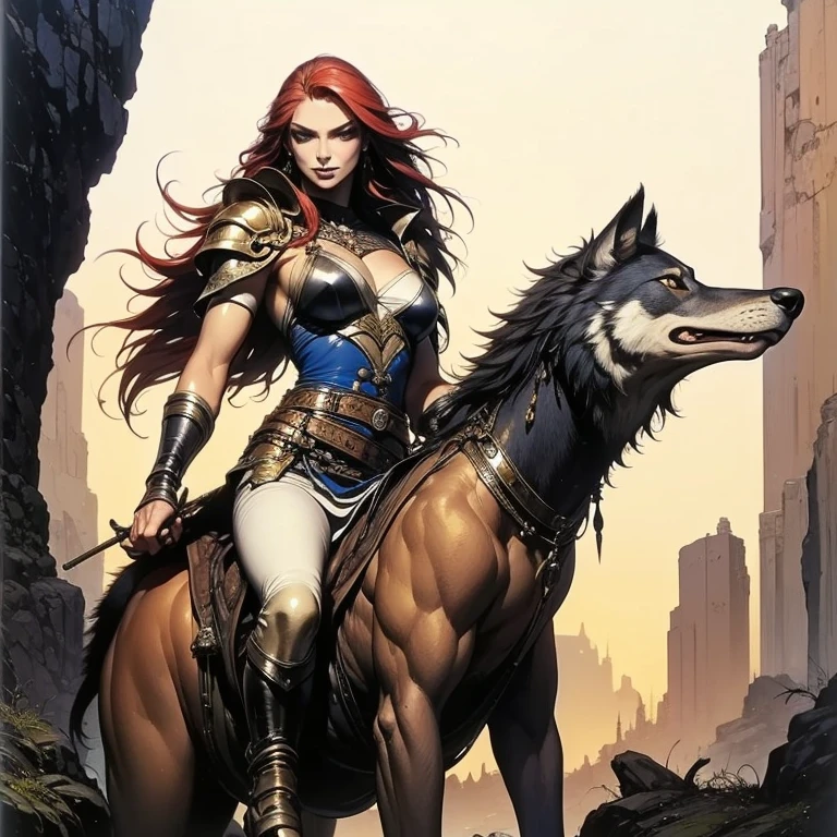 (best quality,ultra-detailed),(realistic:1.37),scene:sexy muscled female barbarian,red long hair,sexy barbarian outfit,six packs,detailed clothes,riding big wolf,scouting plain nearby,medium:oil painting,material:fine canvas,additional details:gorgeous golden accessories,jewelry,leather boots,wolf has piercing blue eyes and sharp teeth,art style:fantasy,colors:rich and vibrant,lighting:soft golden sunlight