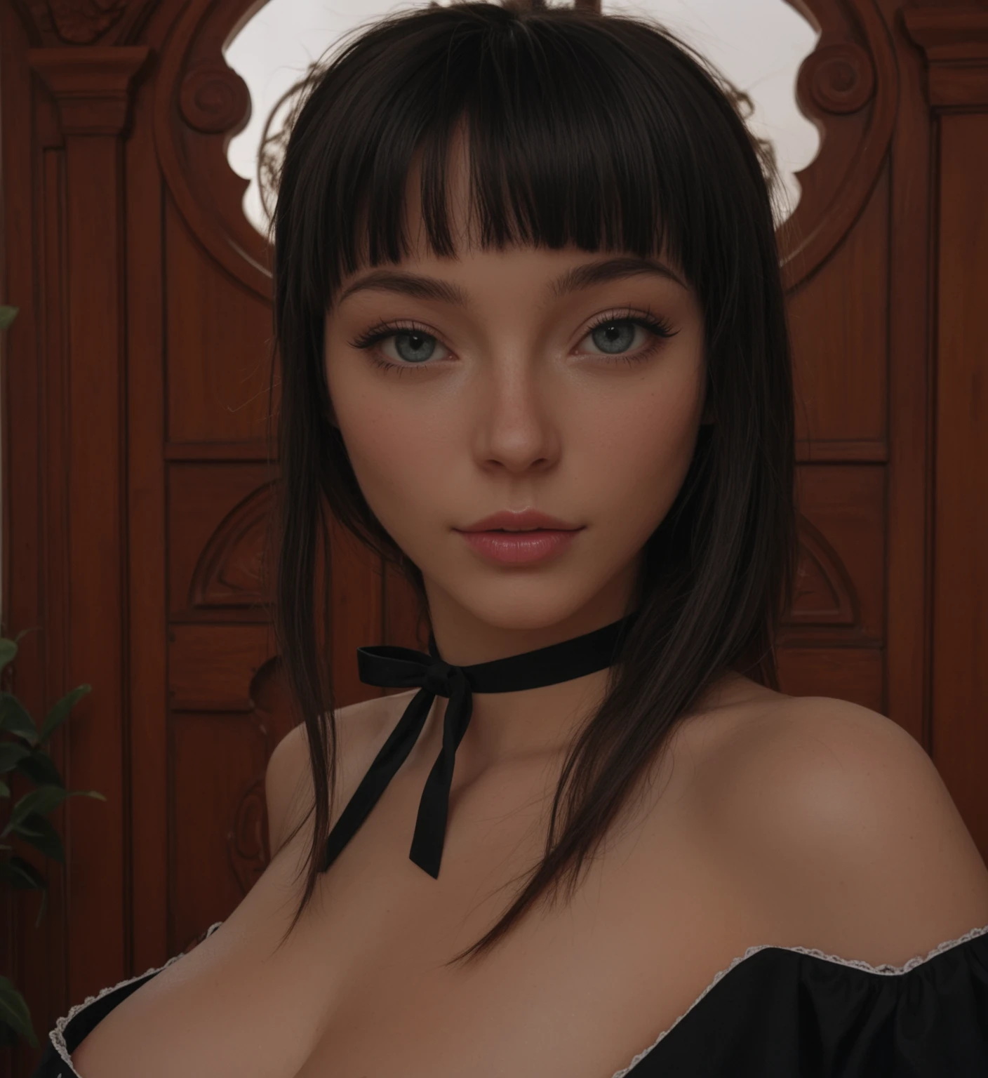 Spectacular nsfw beautiful girls with blue eyes black hair, Voluminous lips upturned nose extraordinary beauty and very detailed, sexy and provocative busty image 1.2 high resolution 12k gothic makeup 