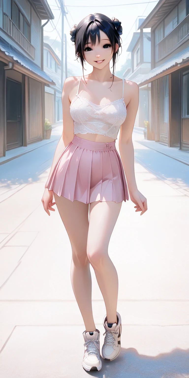 ((middle chest, small head)), daylight, sunlight, (perfect body: 1.1), (young), (short, wavy hair: 1.2), collar, full body photo, crowded street, ((wearing clear pink pants). tight, wet, cropped camisole top)), ((mini skirt)), (extremely detailed CG 8k wallpaper), (an extremely delicate and beautiful), (masterpiece), (best quality: 1.0), (ultra high resolution: 1.0), gorgeous lighting ,stiff nipple, cameltoe, perfect flash,  pulling skirt, realistic shadows, [high resolution], detailed skin, ultra detailed, spread thighs, one leg up, squatting on the floor, black thigh stockings, red high heels, large earring, thin thighs, slender legs, (((colorful))), topless, beauty spot, angle from above