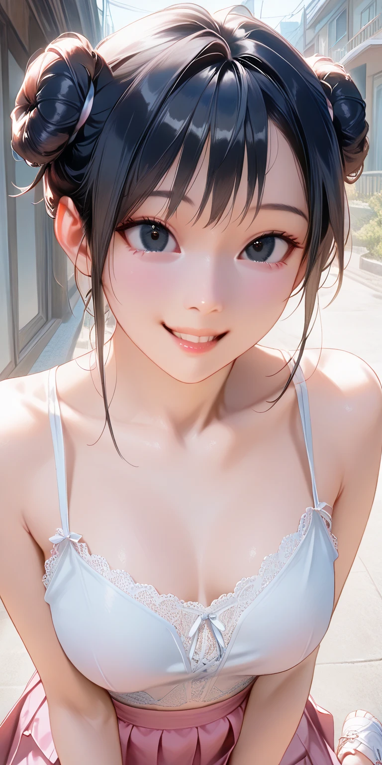 girl in summer clothes, white t-shirt, bikini bottom, pantyhose or long stockings, making as if she wants to kiss you, (girl bending down looking at the camera), medium breasts, cleavage, random background, flirtatious look, ((very detailed)), (perfectly detailed face), (well detailed hand) photorealistic image.