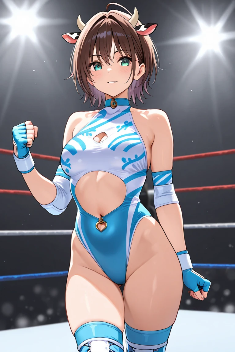 A pretty girl with perfect figure,(Lori,14years,150cm), (Lori,pale yellow leotard swimsuit), Very small breasts,Straight short bob cut,bangss,Stand in the ring of professional wrestling,extremely detailed face and skin, Detailed eyes, Double eyelids,knee high socks,Hair Band,Lace gloves,Nogizaka46,Grinning smile, Slim body, Slender girl, Slim thighs,small hip,Pose with hands on hips,fight in professional wrestling