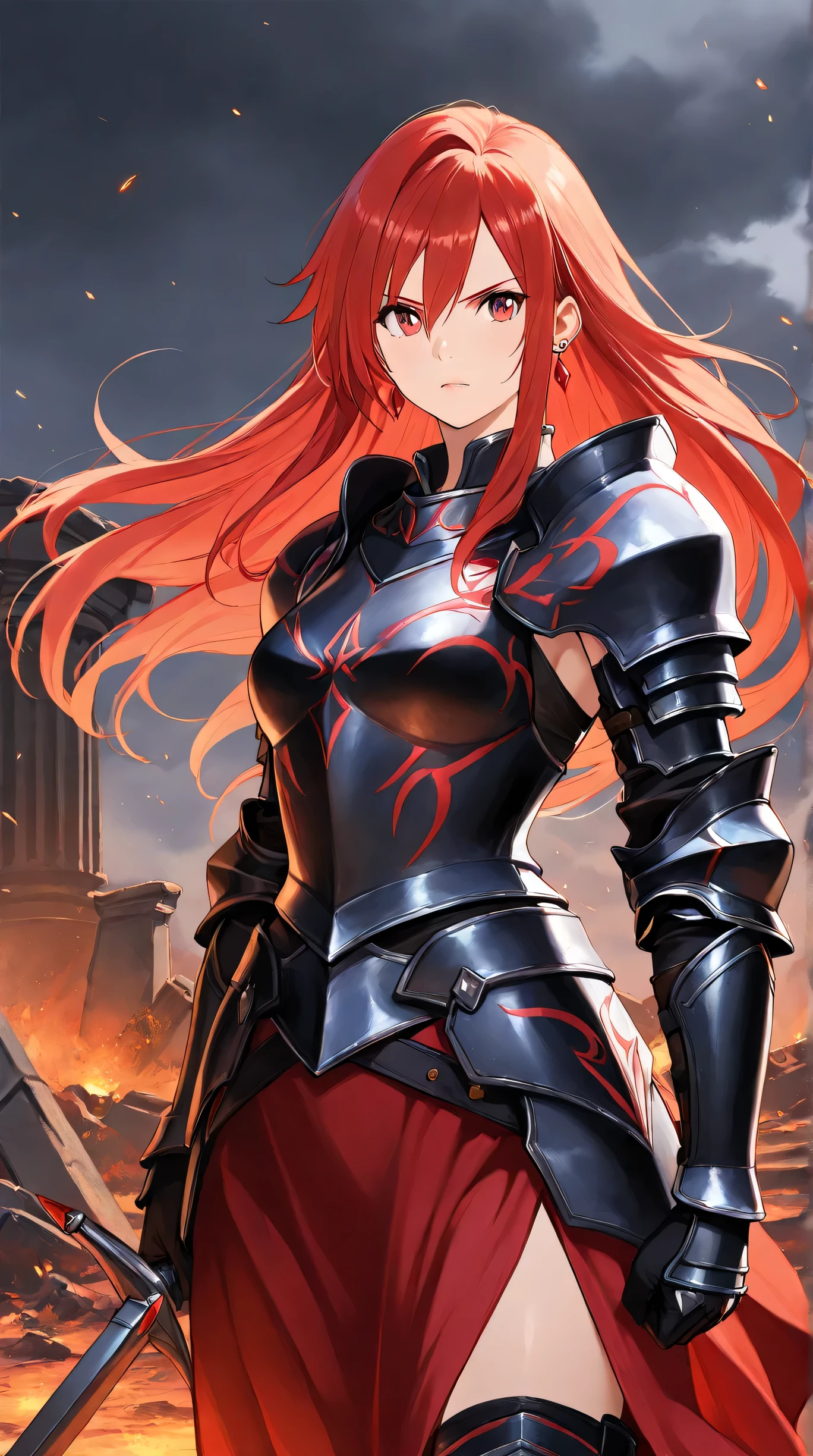 Masterpiece, Best Quality, Top Quality, Very Detailed, 1 girl, A fierce female warrior with long, flowing crimson hair standing in a ruined battlefield. She wears a silver and black armor with red accents, exuding strength and elegance. Her piercing gaze looks determined, with embers and ashes floating in the air around her. The background consists of destroyed pillars and misty ruins, enhancing the dark fantasy atmosphere. The lighting is dramatic, highlighting her intense expression and the details of her armor. The art style is high-quality anime with realistic textures and a semi-realistic rendering of the character's face and hair.