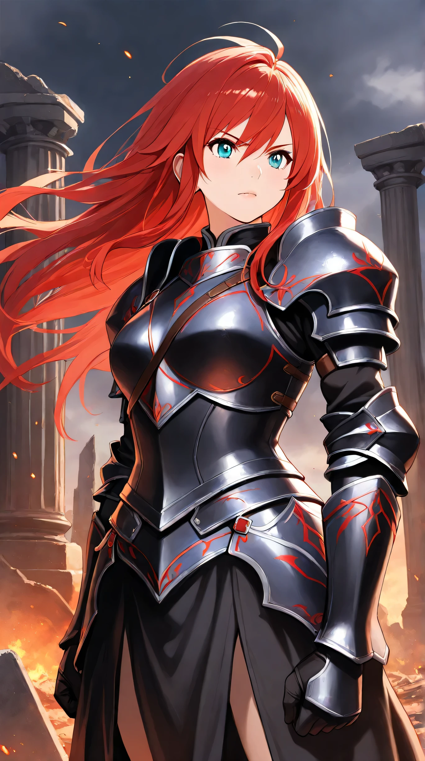 Masterpiece, Best Quality, Top Quality, Very Detailed, 1 girl, A fierce female warrior with long, flowing crimson hair standing in a ruined battlefield. She wears a silver and black armor with red accents, exuding strength and elegance. Her piercing gaze looks determined, with embers and ashes floating in the air around her. The background consists of destroyed pillars and misty ruins, enhancing the dark fantasy atmosphere. The lighting is dramatic, highlighting her intense expression and the details of her armor. The art style is high-quality anime with realistic textures and a semi-realistic rendering of the character's face and hair.