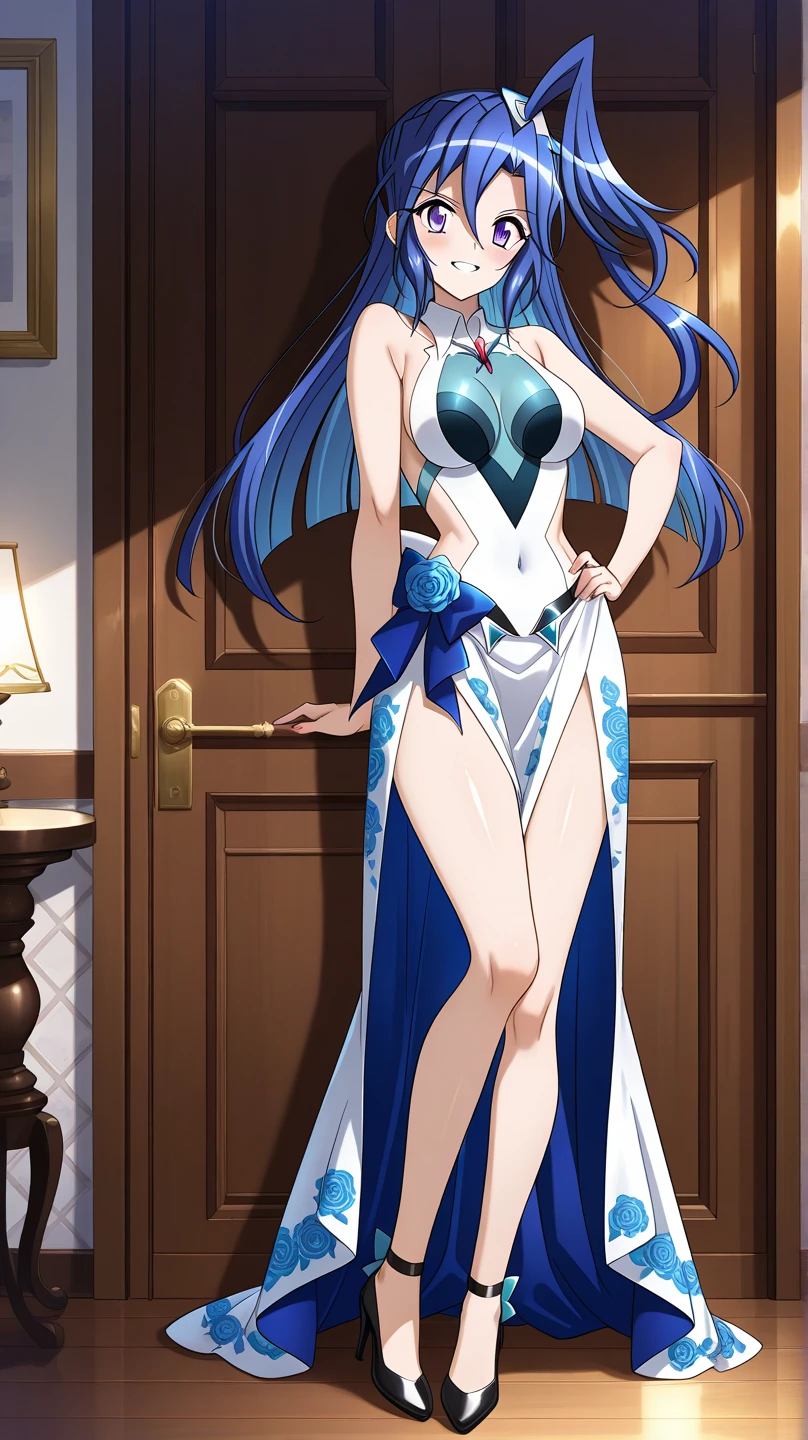 (masterpiece:1.1), best quality, NSFW,
1girl, (80s anime style:1.3), (eyelashes:1.5),
(intricate high detailed body:1.2),
blue hair, forehead, (parted bangs:1.1), (long hair, straight hair:1.1),
green eyes, (red lip stick:1.1),
slender body, large breasts,
(angry, smile:1.2),
neckwear, (white lace leotard with sleeves:1.1),
see-through clothes, jewelry,
(cowboy shot, looking at viewer, from front:1.1),
in royal palace,