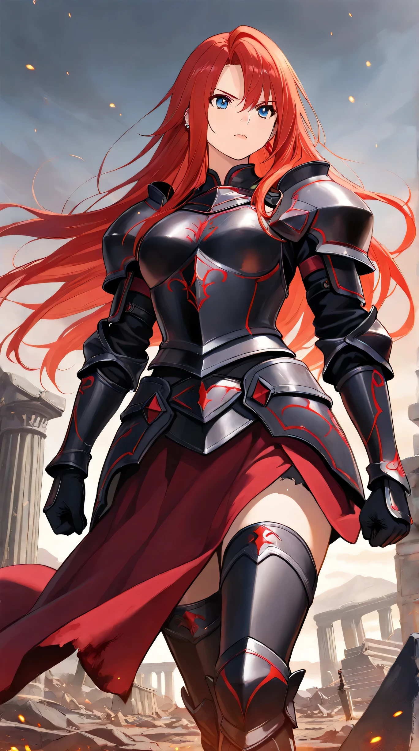 Masterpiece, Best Quality, Top Quality, Very Detailed, 1 girl, A fierce female warrior with long, flowing crimson hair standing in a ruined battlefield. She wears a silver and black armor with red accents, exuding strength and elegance. Her piercing gaze looks determined, with embers and ashes floating in the air around her. The background consists of destroyed pillars and misty ruins, enhancing the dark fantasy atmosphere. The lighting is dramatic, highlighting her intense expression and the details of her armor. The art style is high-quality anime with realistic textures and a semi-realistic rendering of the character's face and hair.
