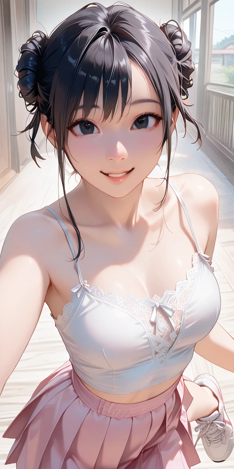 Japanese high school girl、a miniskirt、White camisole、Lace panties、(Kneel on the floor and spread your crotch to show your panties:1.5),(White small panties:1.5),(low rise:1.5),(Fit body:1.5),(Thong Panties:1.5),,((top-quality,8K,masterpiece:1.3)),Crisp focus:1.2,Cute woman with perfect body shape:1.4,The best smile,Young Face、You can see the double teeth、Light Brown Medium Bob Hair、A slender,abdominals:1.2,Oiled shiny skin,Highly detailed facial and skin texture,A detailed eye,二重まぶた,mekosji、((Panties are visible))、(pantie shot)、front facing、((dynamicposes))、(Lean Back:1.2),(Standing Open Stance)、(From below:1.5),(up skirt:1.5)、Bokeh background、Nogizaka Idol 、Idol、hposing Gravure Idol、