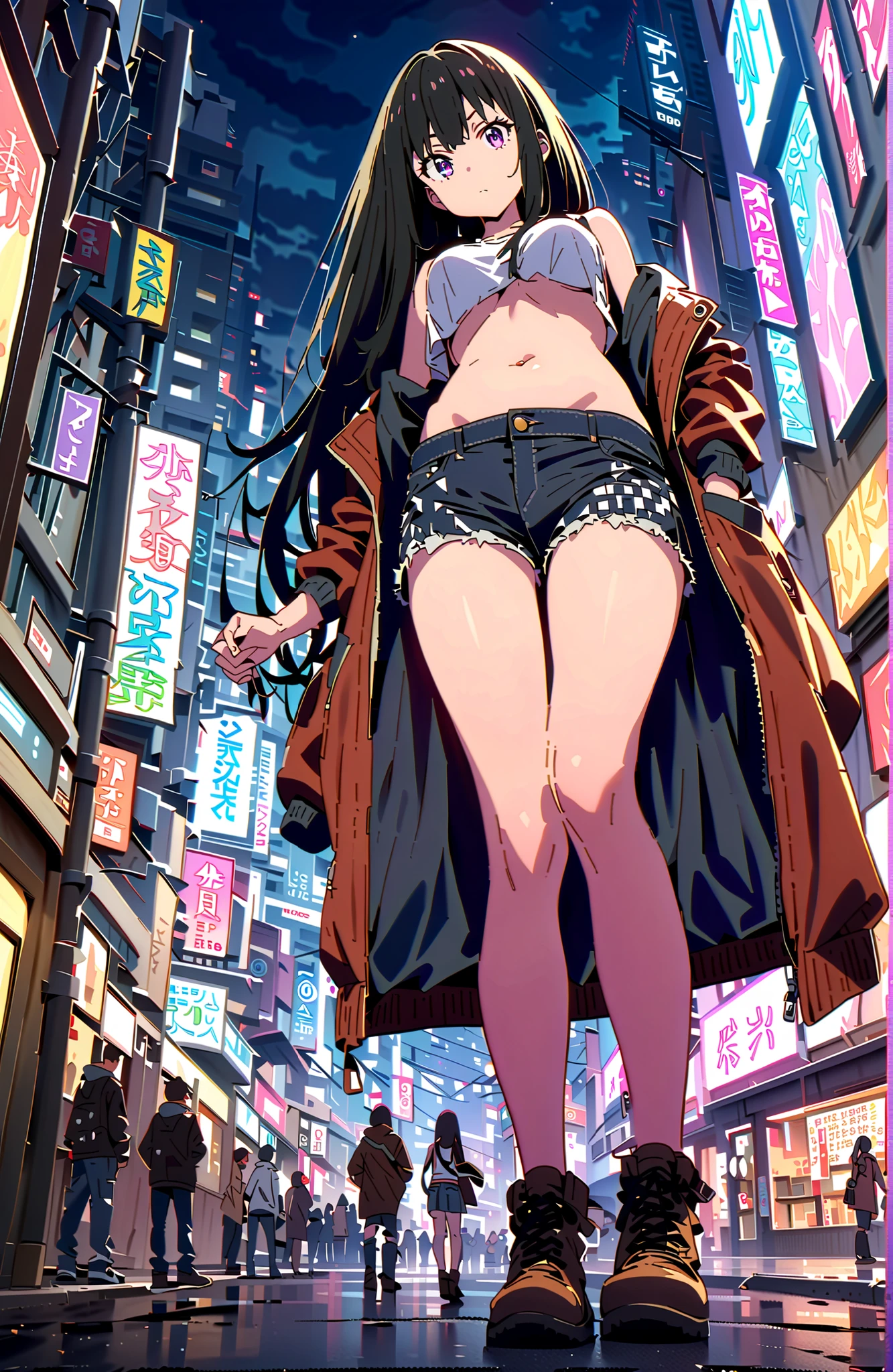 score_9, score_8_up, score_7_up, source_anime,Takiuchikami, check it out, solo,long hair, bungs, black hair with a young pattern, purple eyes,Medium breast,close your mouth,riders jacket jacket,tank top for feet,Underboob,belly button stick,denim micro shorts,Bare legs,boots,I have my hands in my jacket pockets,Nōn,night,standing,angles from below,full bodyがillustrationsに入るように,break outdoors,City,
break looking at viewer,full body,
break (masterpiece:1.2), Best Quality, high resolution, Unity 8k 壁紙, (illustrations:0.8), (beautiful detailed eyes:1.6), very detailed face, so that it fits into the illustration, Extremely Detailed CG, (perfect hand, perfect anatomy),