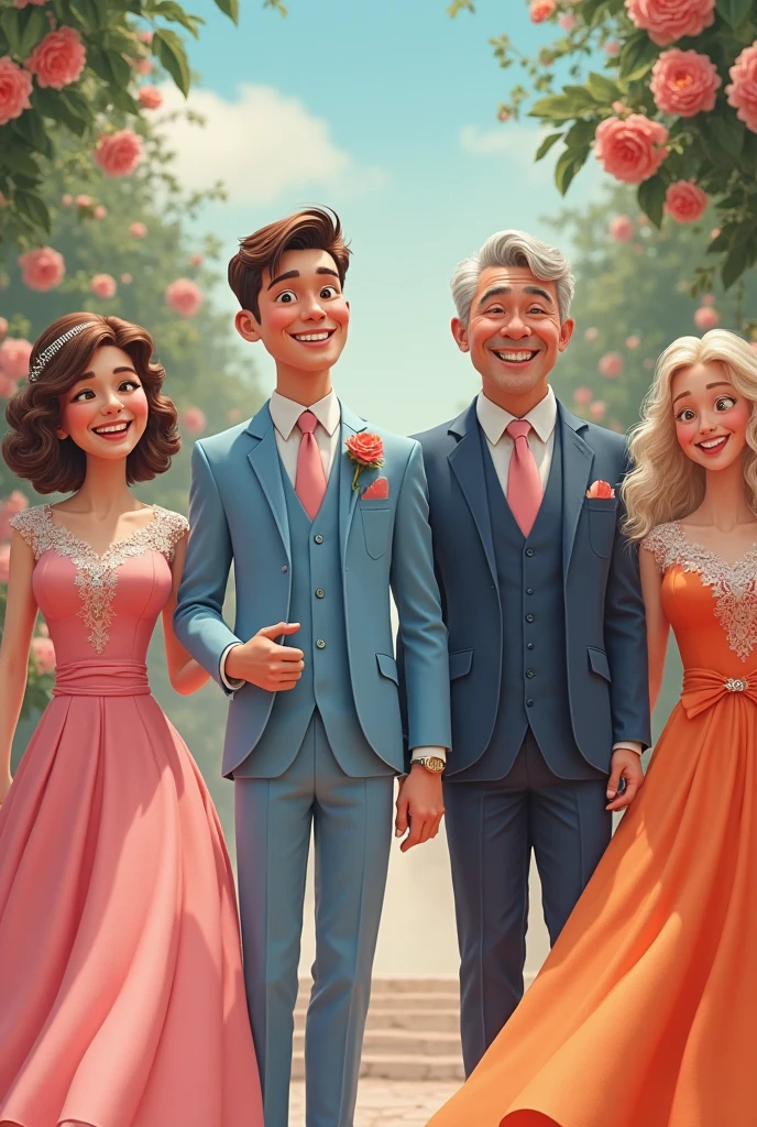 generates a group of animated 3d white people where three are women in dresses and one is a man in a suit