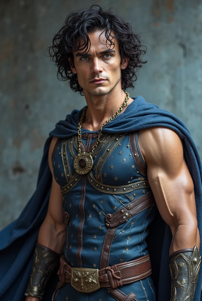 Photorealistic, ((best quality)), ((masterpiece)), (detailed), masculine portrait of a young dark medieval prince, 18-year-old male models, handsome, tall, cute looking, evil look, dark look, powerful, young male, handsome model, clean shave, (aquamarine eyes:1.6) (short curly messy brown hair:1.2), messy curly hair, super strong, muscular, fit, massive muscles, six pack, (shirtless:1.5), barechested, half-naked, topless, muscle, ripped, strong body, fit body, great chest, amazing arms, fantasy royal jewels, (medieval armor:1.4), a fairytale castle in the background, medieval feast, (Dark background:1) 8k, high detailed, ultra-detailed, Stylish Pose, real skin texture, dark cinematic lighting