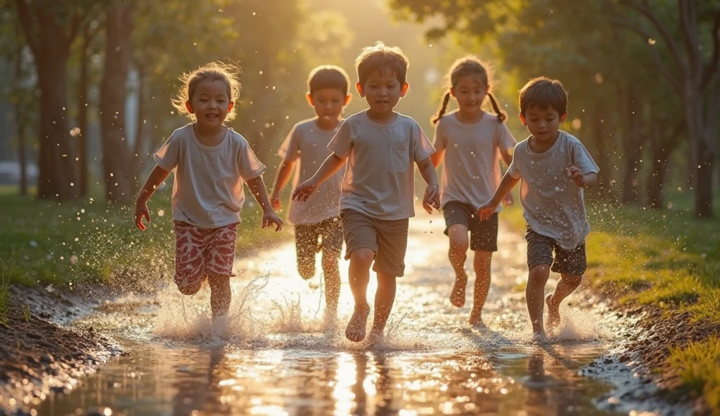 Pakistani children diving from bank of canal