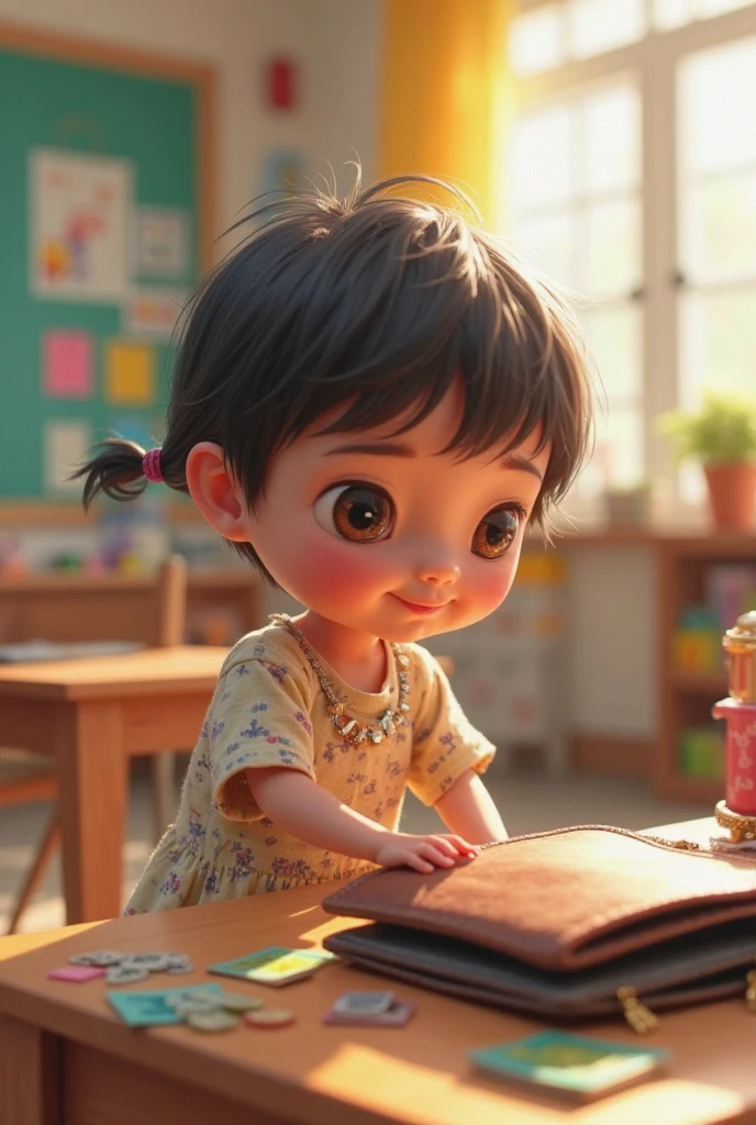 Three-year-old girl, crafted in Pixar's distinctive 3D style, is adorably depicted while studying. She is seated near a white pole, a common feature in school settings, in a spacious classroom background. Her bright eyes reflect her curiosity and zest for learning, and her infectious smile is a testament to her joyful nature. The image, a celebration of childhood innocence, is rendered in the highest possible quality, ensuring every detail is vivid and crystal clear.