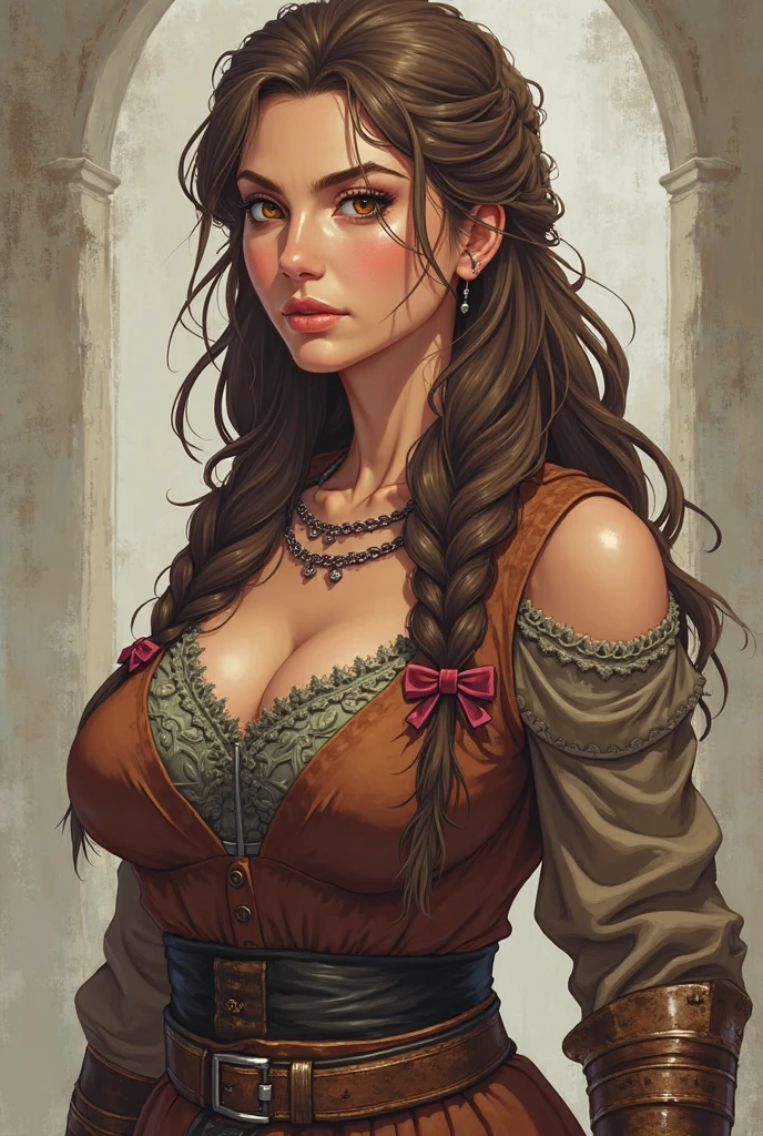 Drawn in the comic styling of humbertos ramos. Five foot female, possessing a body like Scarlett Johanssen. Possesses amber eyes with grey-green limbal rings. Fair skin. No blemishes. Chestnut brown hair, cascading down shoulders. Wearing a casual medieval riding dress that is at least to her knees, and brown riding boots. Hands crossed over front. Particular attention paid to the curving of hips and breasts. Attractive face, at least a 9 on the facial attractiveness scale.