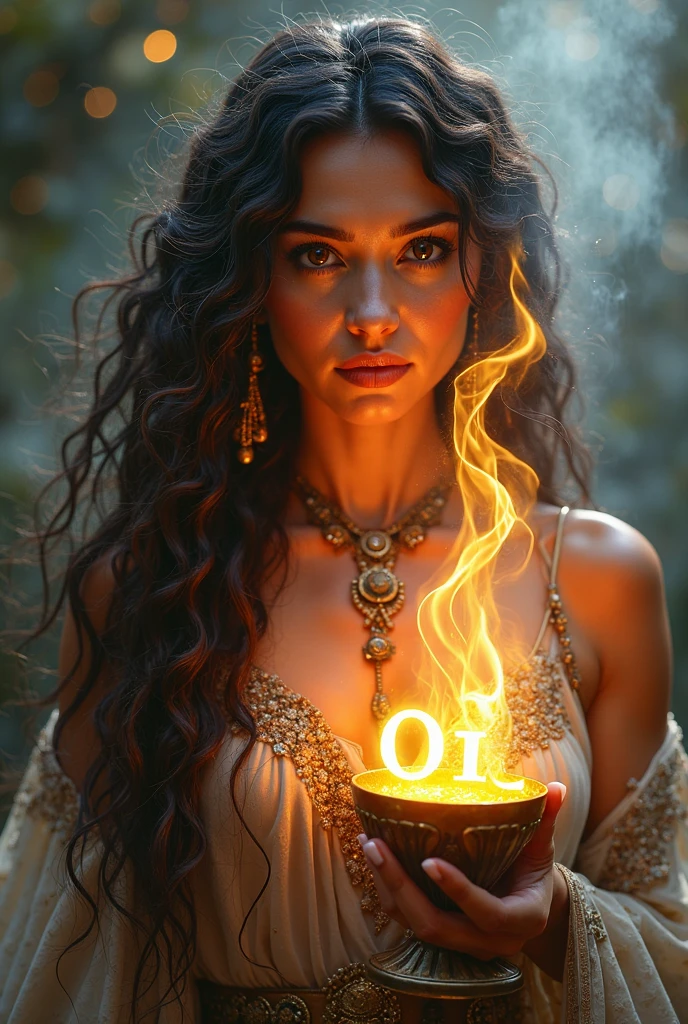 to be (realistic fantasy) art contains embers, real flames, real heat, and realistic fire. Generate a masterpiece artwork of a  female fire druid featuring large (((orange and gold))) eyeballs. The fire druid is awe-inspiring featuring beautiful ((realistic fiery eyeballs)) alight featuring confidence and power. His features are elegant and well defined, featuring ((soft, swollen lips)), Elven bone structure, and realistic shading. Her eyeballs are important and should be the focal point of this artwork, featuring ((extreme realistic detail, macro details, and shine.)) She is wearing a flowing, sparkling dress made of realistic flames and jewels that sparkle in the firelight.. Threads of fire and smoke line the dress&#39;s intricate bodice. Include bumps, stones, fiery iridescence, glowing embers, silk and satin and leather, an interesting background, and heavy fantasy elements. Camera: Utilize técnicas de featuringposição dinâmica para aprimorar as chamas realistas, long blonde hair