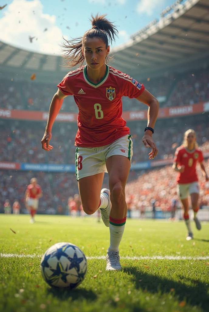Beauty women soccer in bolivia's team uniform, with shinguards, bluesky soccer shoes adidas, ultra realistic in 8k, underwear, log hair brunette grimaces foul in stretcher