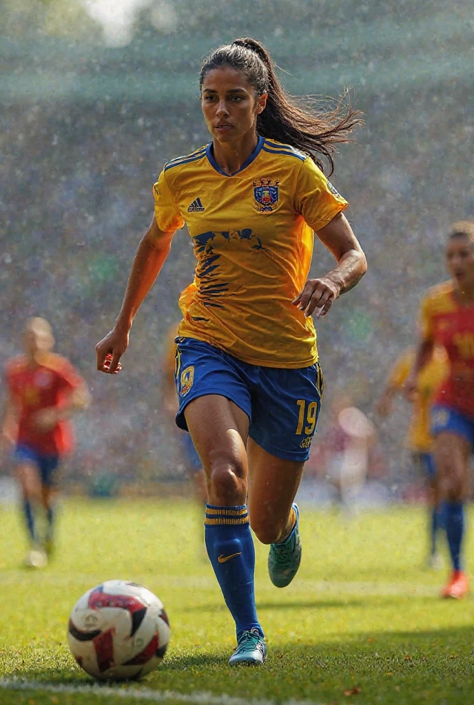 Highest quality, High resolution:1.2, Very detailed, Realistic:1.3, ((Beautiful woman))、((Super tight uniform))、((Super big breasts))、(The abdomen is visible)、Vibrant colors, play soccer,((Blunt bangs))、Various Hair Styles、Different hair colors、With bangs、Wet Hair, concentrate, splash, Action Shots, Grass blotches, Muddy ground, Wet turf, decide, Fast-paced games, Athletic physique, Shiny soccer ball, Wet Uniform, raindrop, Blurred motion, ボールにconcentrateする, Intense competition, Skillful dribbling, Energetic play, Teamwork, powerful shoots, Wet pitch, Passionate sports, Fierce decide, Humid atmosphere, Fluid movement, emotional expression、Dramatic lighting, Women's Sports, Avid athletes, Exciting Games, Endure, Excited state, Speed and agility, Energetic play, 濡れたsplash、smile、Red Uniform