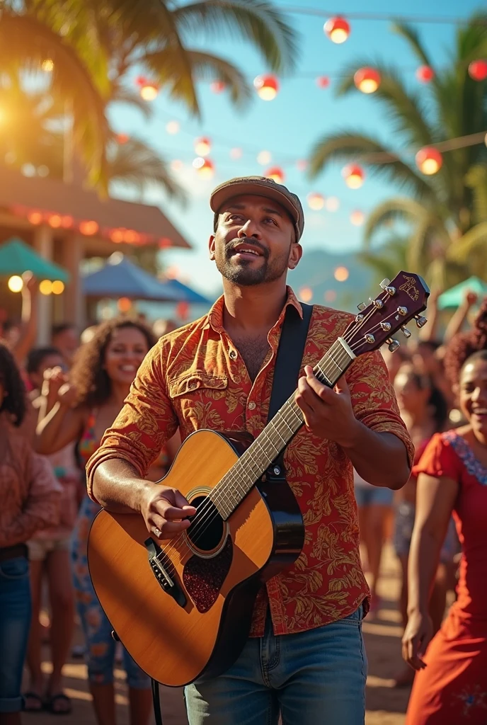 a latin people drinking beer, people eating barbecue, people dancing, one man playing guitar, sunlight in background, swimming pool, detailed facial features, intricate clothing textures, vibrant colors, dynamic movement, cinematic lighting, photorealistic, 8k, highly detailed