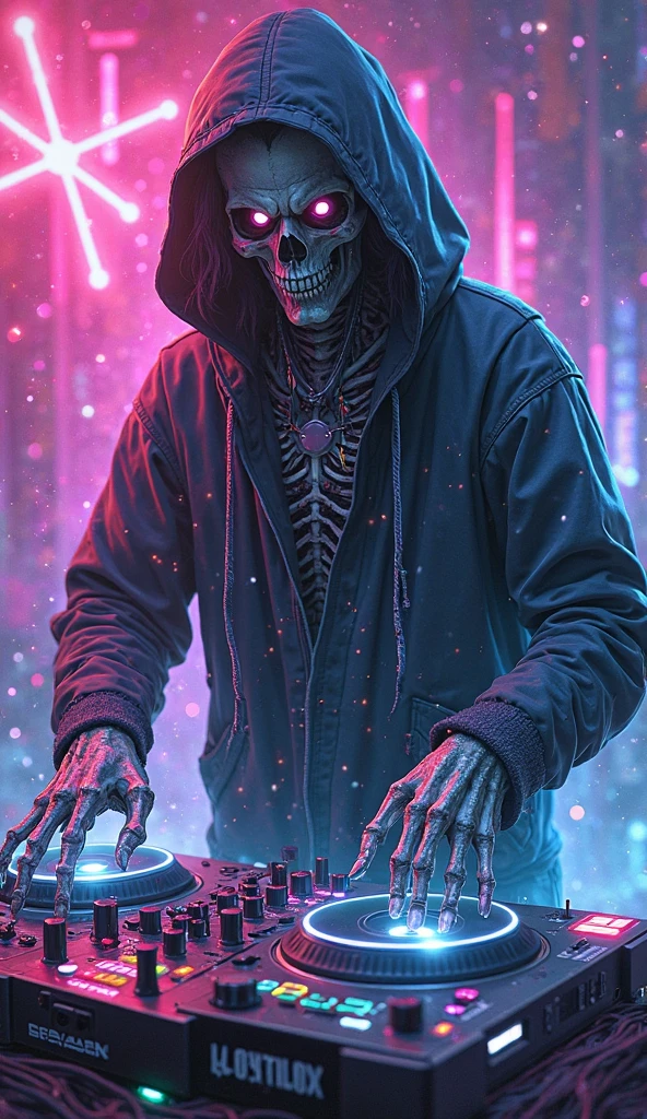 8k, Masterpiece, Top Quality, Low-angle, close-up,  Skeleton, skull, bony fingers, paint splatters on skull, Nene,  bony body, colorful streamers,  DJing, hands on turntables, animated, energetic, Neon, streaks, vibrant colors, abstract, psychedelic, dynamic.