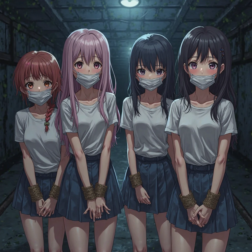 masterpiece, best quality, official art, extremely detailed CG unity 8k wallpaper, <lora:PetShamingV1:1.3> sign around neck <lora:tied_wrist:0.5> tied_wrist, arms up, torn dress, short white dress, metal collar, kneeling, stage, market, nervous, multiple girls, 4girls