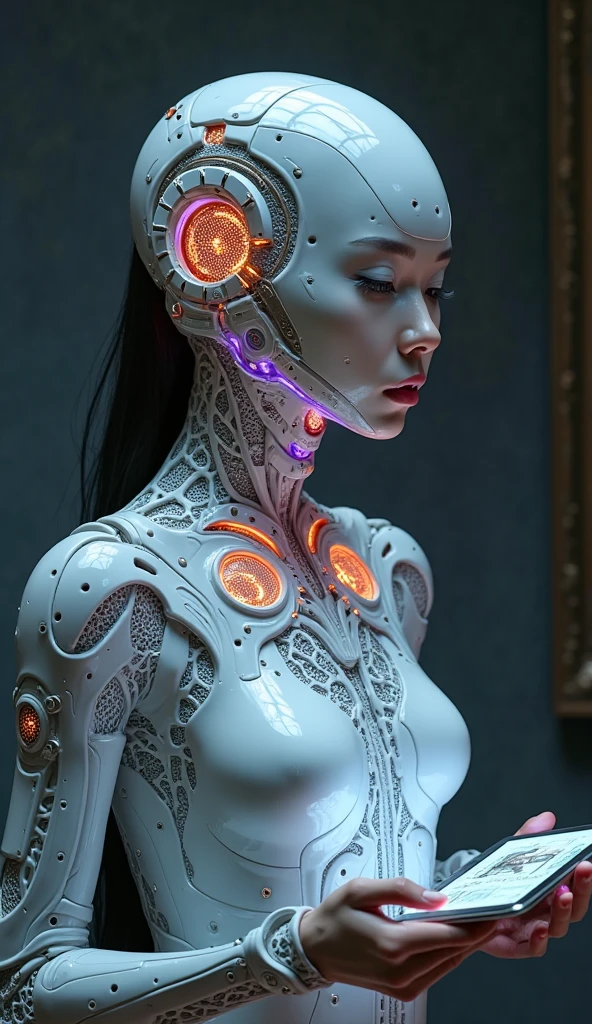 8K, high details,RAW Photos, best quality, highres, super detail, uhd, accurate, masterpiece, 16K, 1080P、Made by an advanced civilization、With technology that humans cannot even imagine,、Like a humanoid machine、An organic body、It looks both beautiful and terrifying、It shines faintly like veins running.、Artificial Life Forms、