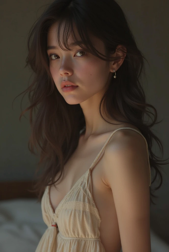 (You can be a person to the world but you can also be the world to one person., Paradox, genius adrian, jenny saville, eduardo hopper, dark art by James Jean, Takato Yamamoto)),(raw photo, best quality), ((Nostalgia,80s style)),(A girl with an office atmosphere.:1.2),(realistic, photo-realistic:1.3), extremely delicate and beautiful, Amazing, finely detailed, masterpiece, ultra detailed, high resolution ,best illustration, best shadow,Intricate,depth of field,1 girl,(Long legs, voluptuous body),long blonde hair,messy wavy hair round glasses,((((Low key,dark scene,dimly lit)) )),fat,(((soft lighting:1.4))),(pale skin:1.4),(Shy smile),(cinematic angle),Sharp focus, volumetric fog, 8k UHD, DSLR, High quality,( grain the film:1.4), Fujifilm XT3,(looking at the viewer)、豊かな胸、ランジェリー、セミロングヘア