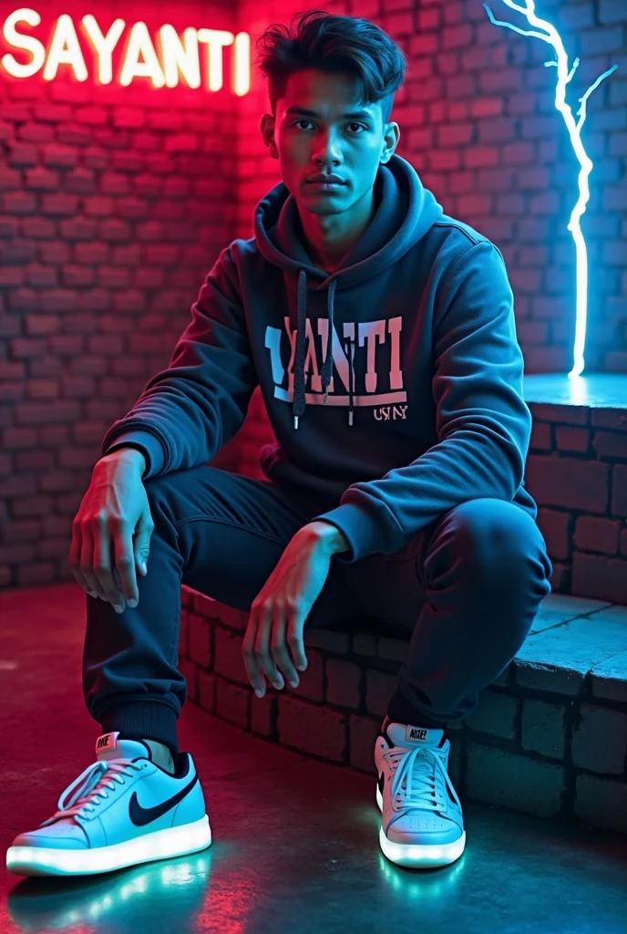 HarryClark, large format photo of a man sitting on the stairs, anxious facial expression, gray crewneck sweatshirt, jogger sweatpants and slip-on sneakers, upper body, under bounced lighting, from below, shot on a Kodak Brownie <lora:HarryClarkLora:1>