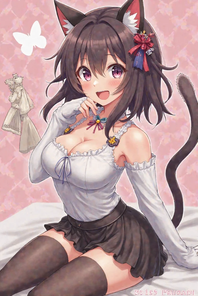 (Best quality, 8k, 32k, Masterpiece, UHD,:1.2),RAW, 2girls,ultra cute , natural lighting,transparent shining eyes, 20yo,medium breast ,fair complexion ,flushed face, Black Micro bra and panties, lace bra and panties, sexy bra and panties, ((all fours)), cat ears, cat tail, kneeling, emphasizing breasts, From the front