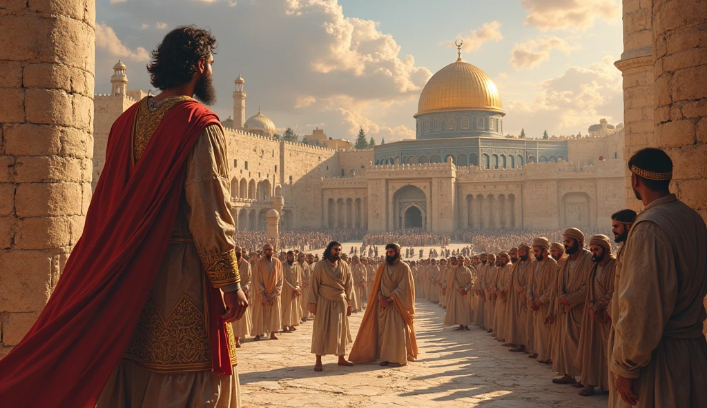 there are a lot of people standing in a courtyard with a lot of food, biblical epic film, a queda de Constantinopla, epic cinematic matte painting, epic cinematic concept art, reis cruzados 3, prince of egypt, na captura de tela do filme 300, a wide open courtyard in an epic, cinematic matte illustration, epic cinematic still, Epic cinematic dinner