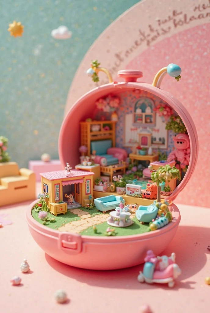 Within a whimsical Wes Anderson garden, an enormous, porcelain teapot serves as a whimsical playhouse for in the distance, who engage in imaginative tea parties.