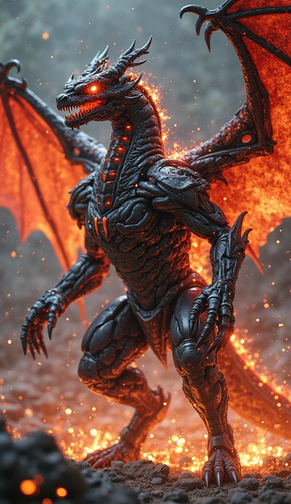 "Imagine a powerful male demon inspired by Final Fantasy's Ifrit. He has a muscular and imposing figure, with dark, fiery red skin. Sharp, menacing horns emerge from his head, and his eyes glow an intense yellow color. Its mouth is full of sharp, jagged teeth. Its body is adorned with tribal markings and scars, adding to its intimidating presence. Its hair is long and wild, resembling flames that cascade down its back. is enveloped in an aura of fire and heat. In the background, a dark volcanic scene with flowing lava and burning embers in the air."
