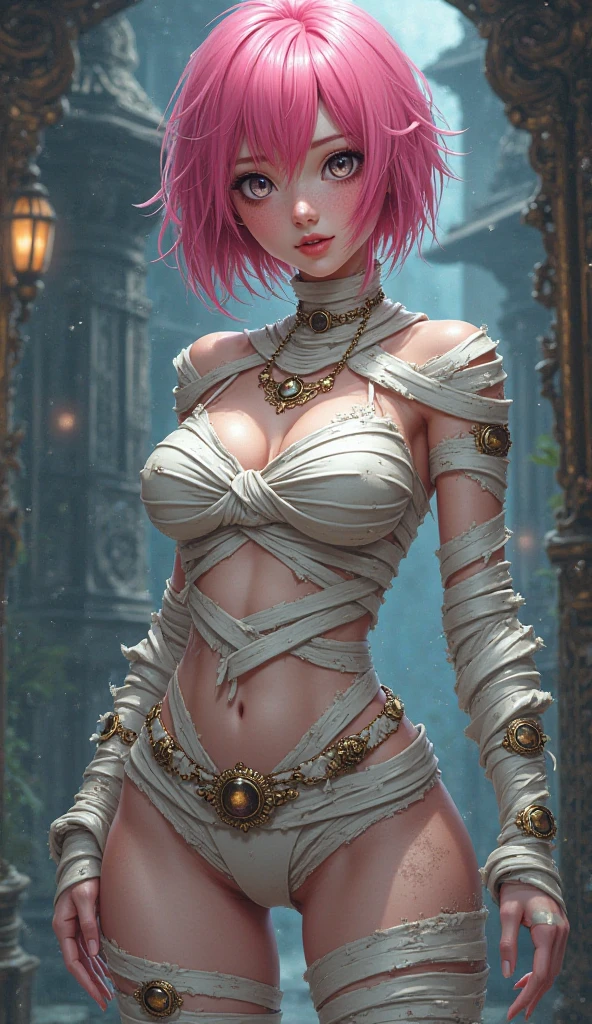 (ultra realistic,32k, masterpiece:1.2),(high detailed skin:1.1),( high quality:1.1),
1girl, pink hair, ponytail hair, bangs,(aqua eyes:0.5),[<lora:MetalArmor:0.7>MetAr, chainmail, :<lora:ral-dissolve:0.7>ral-dissolve,:25],(looking at viewer, standing, from above:1.1),, huge breast, large breast,<lora:add_detail:0.84>,
(golden hour:1.1),  arcane bazaar, mystical market, exotic artifacts, hub of magical trade,blurry background,