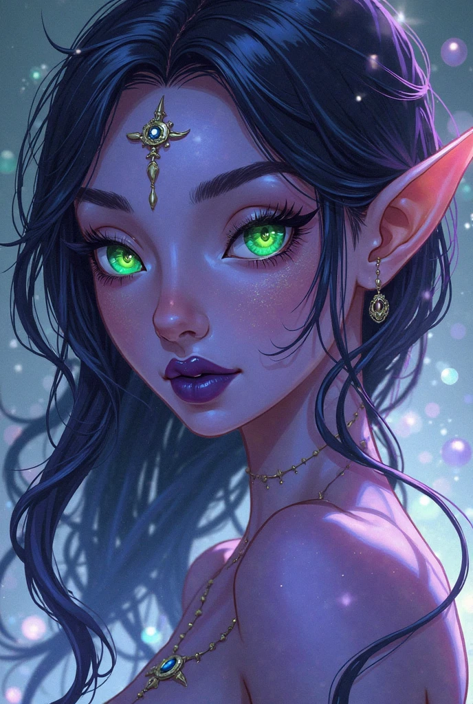 Beautiful and gorgeous elf, neon midnight indigo, elf woman, elf punk, glowing white tattoo, glittering, jungle, dark, siting , cool pose, beautiful magical creature like jaguar, glowing, blue stripe, firecy, both look gorgeous and firecy, forest, beautiful anime style, illustration, uhd in the style, hyperrealistic realistic,